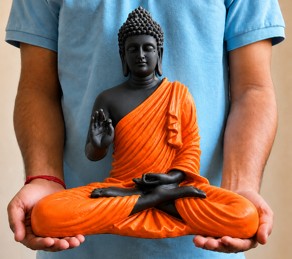 15-Inch Meditating Buddha Statue – Handcrafted Polyresin Idol in Orange & Black Finish