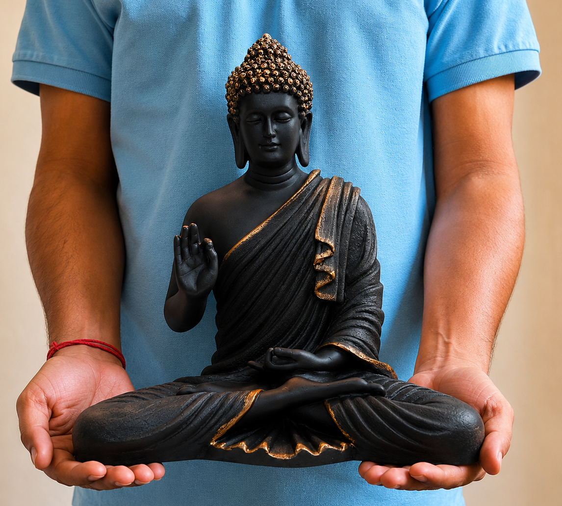 15-Inch Meditating Buddha Statue – Handcrafted Polyresin Idol in Black & Antique Gold Finish