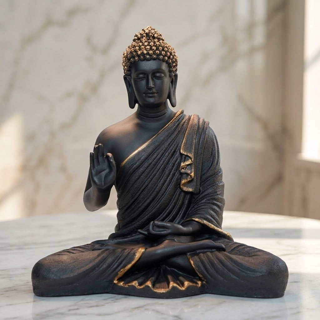 15-Inch Meditating Buddha Statue – Handcrafted Polyresin Idol in Black & Antique Gold Finish
