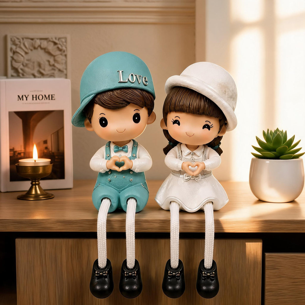 Cute Sitting Boy & Girl Couple Figurines with Dangling Legs | Home Decor Set of 2