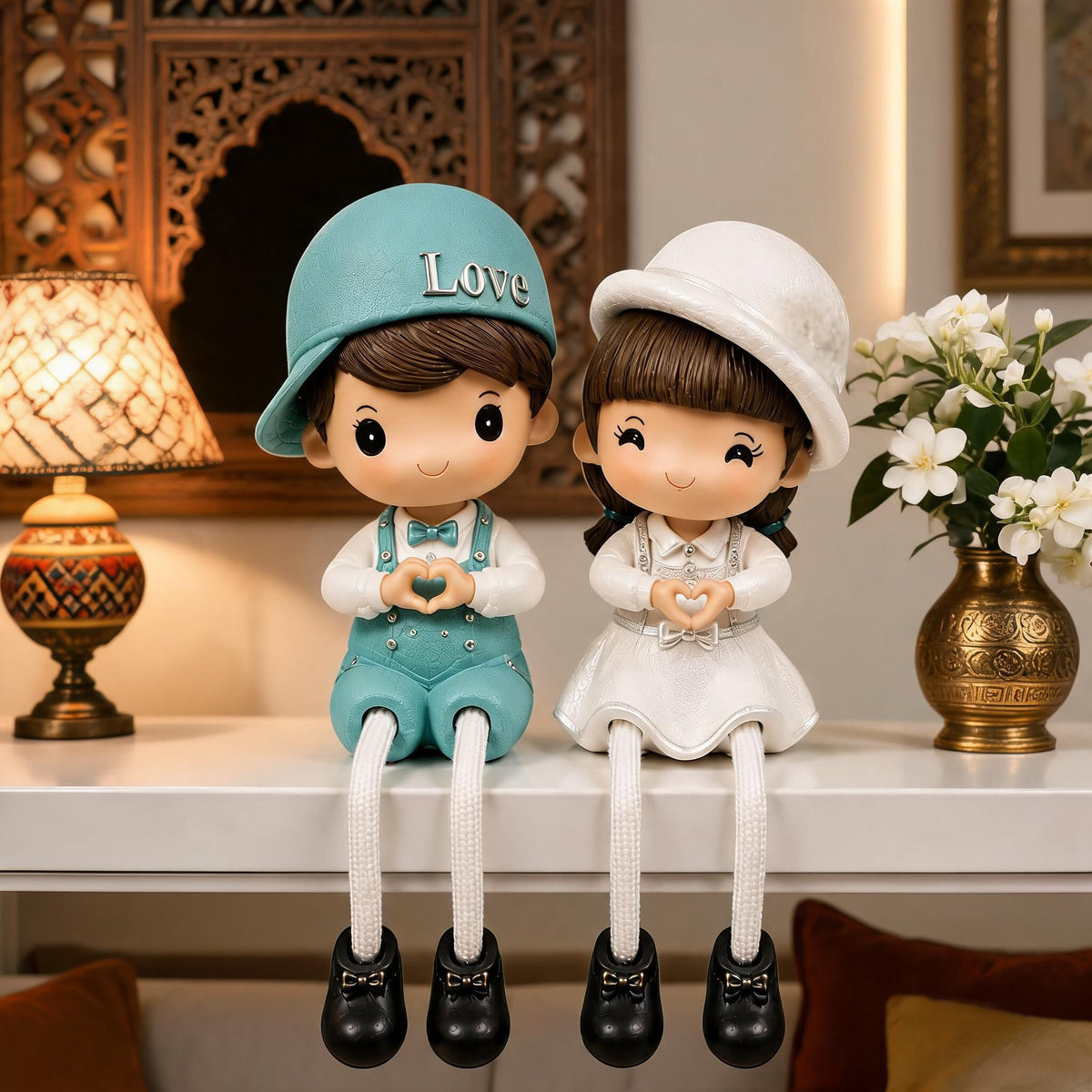 Cute Sitting Boy & Girl Couple Figurines with Dangling Legs | Home Decor Set of 2