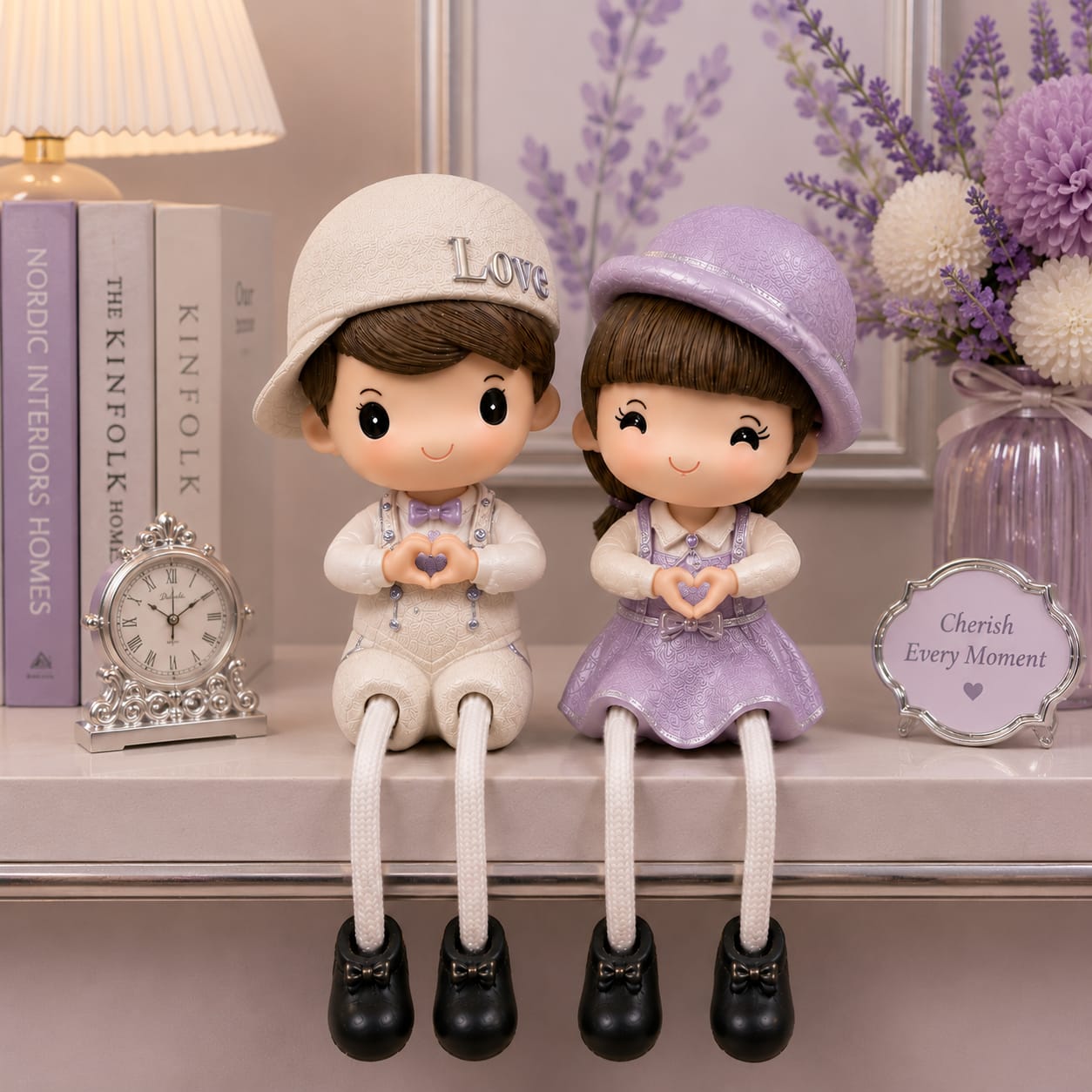 Cute Sitting Boy & Girl Couple Figurines with Dangling Legs | Home Decor Set of 2