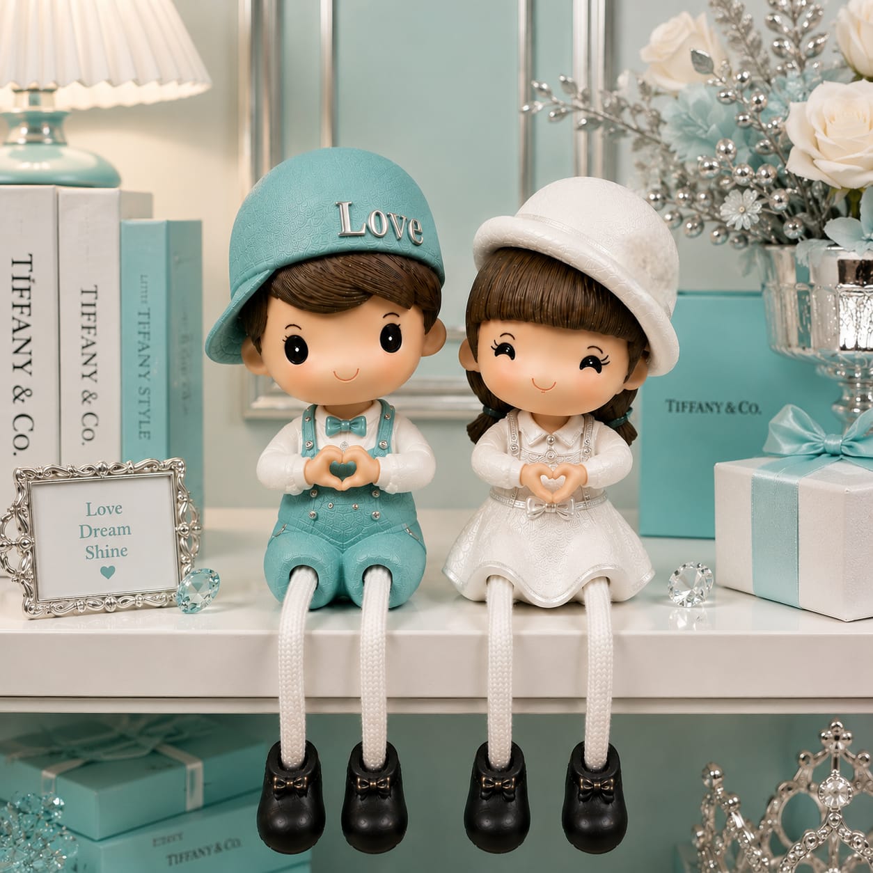 Cute Sitting Boy & Girl Couple Figurines with Dangling Legs | Home Decor Set of 2