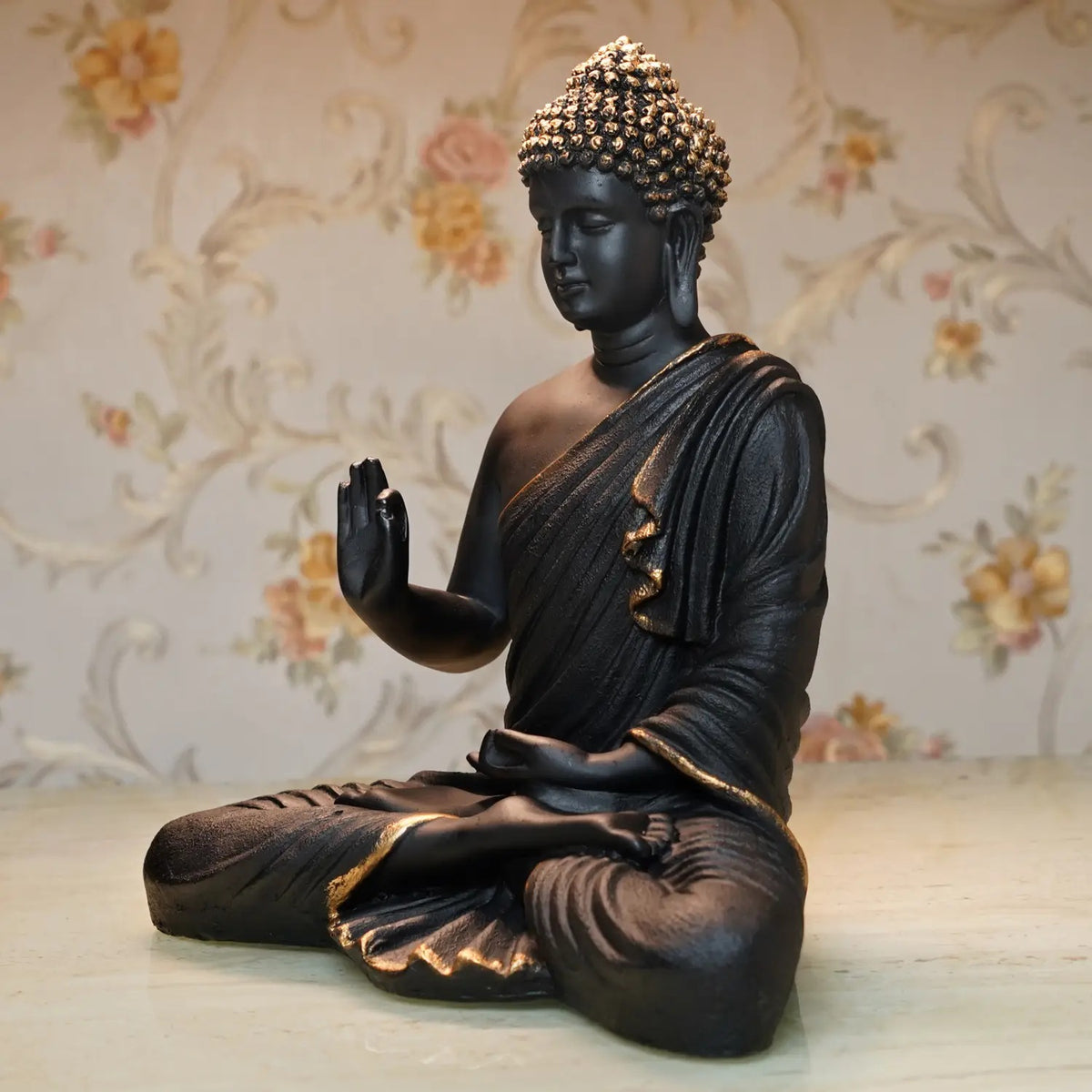 15-Inch Meditating Buddha Statue – Handcrafted Polyresin Idol in Black & Antique Gold Finish