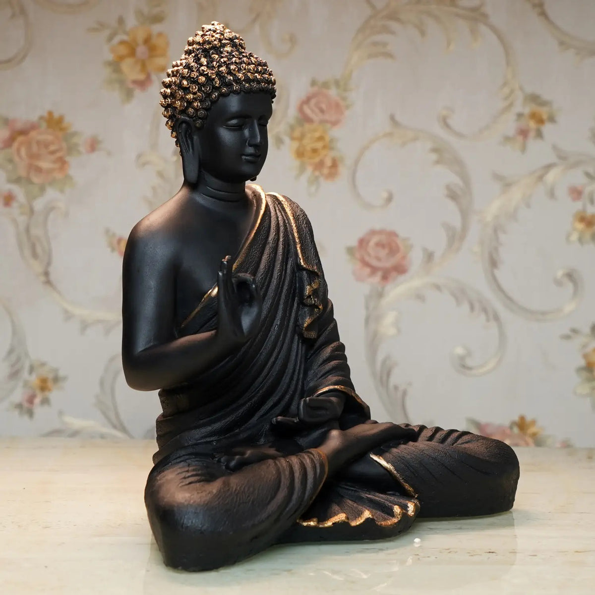 15-Inch Meditating Buddha Statue – Handcrafted Polyresin Idol in Black & Antique Gold Finish