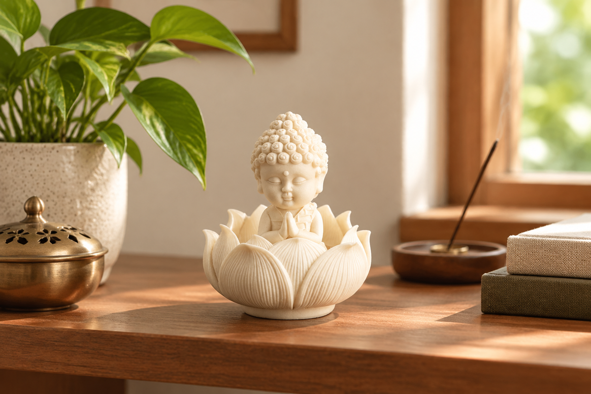 Buddha statue styled on a home shelf
