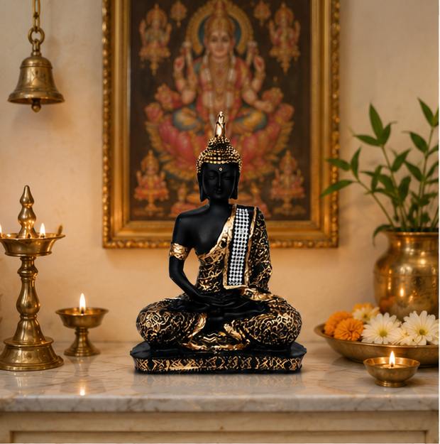 Polyresin Decorative Black Gold Meditating Buddha Showpiece