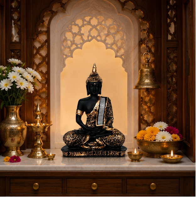 Polyresin Decorative Black Gold Finish Buddha Idol