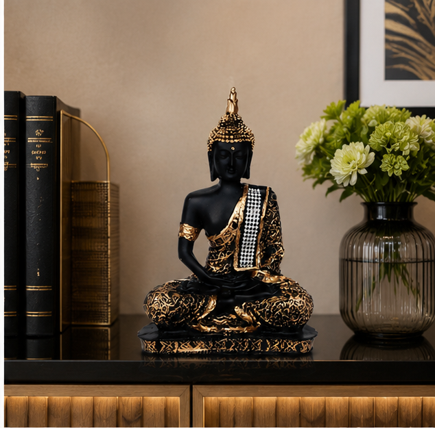 Polyresin Decorative Black Gold Meditating Buddha Showpiece