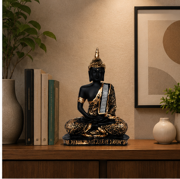 Polyresin Decorative Black Gold Finish Buddha Idol