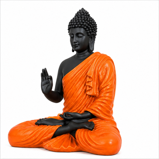 15-Inch Meditating Buddha Statue – Handcrafted Polyresin Idol in Orange & Black Finish