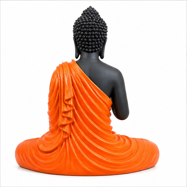 15-Inch Meditating Buddha Statue – Handcrafted Polyresin Idol in Orange & Black Finish