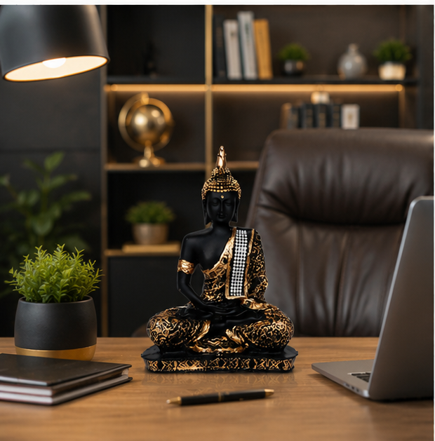 Polyresin Decorative Black Gold Meditating Buddha Showpiece
