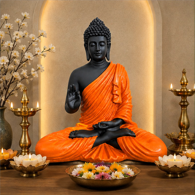 15-Inch Meditating Buddha Statue – Handcrafted Polyresin Idol in Orange & Black Finish