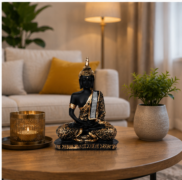 Polyresin Decorative Black Gold Meditating Buddha Showpiece