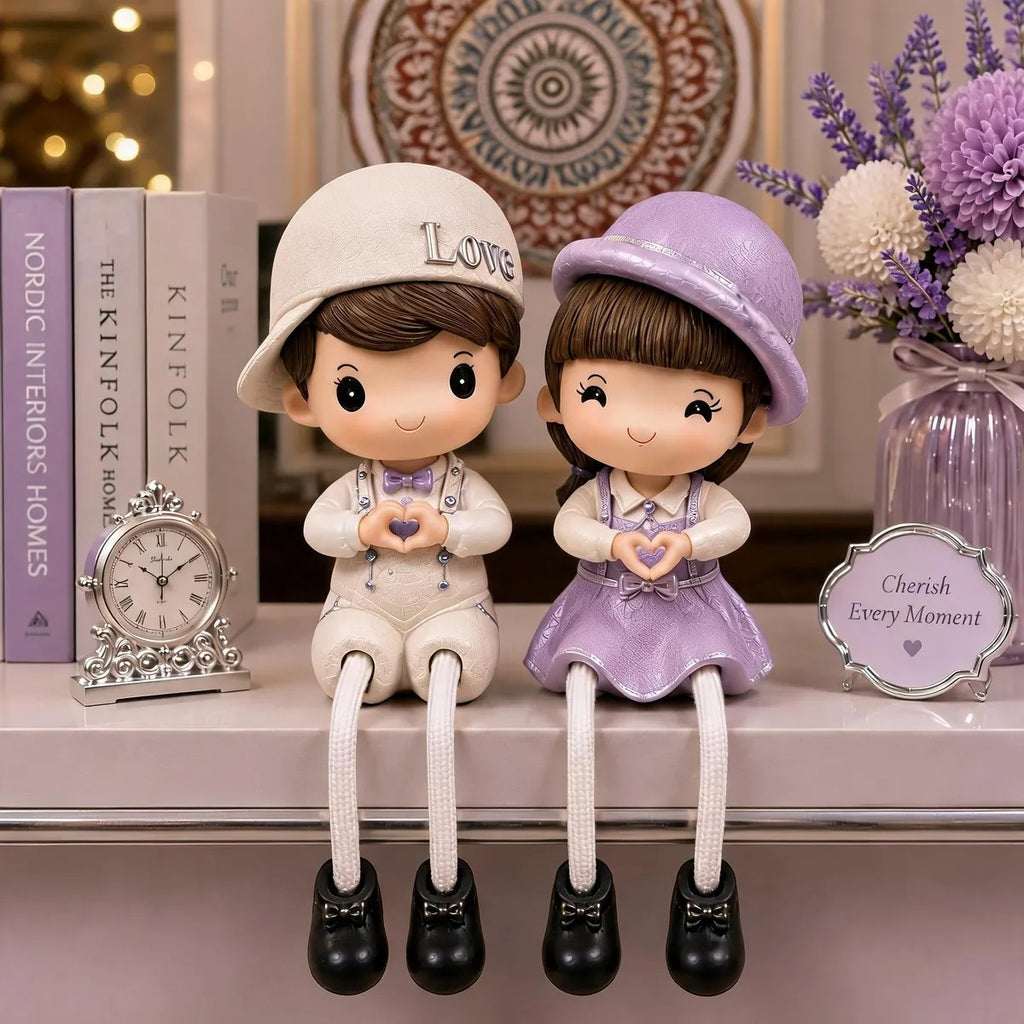 Cute Sitting Boy & Girl Couple Figurines with Dangling Legs | Home Decor Set of 2