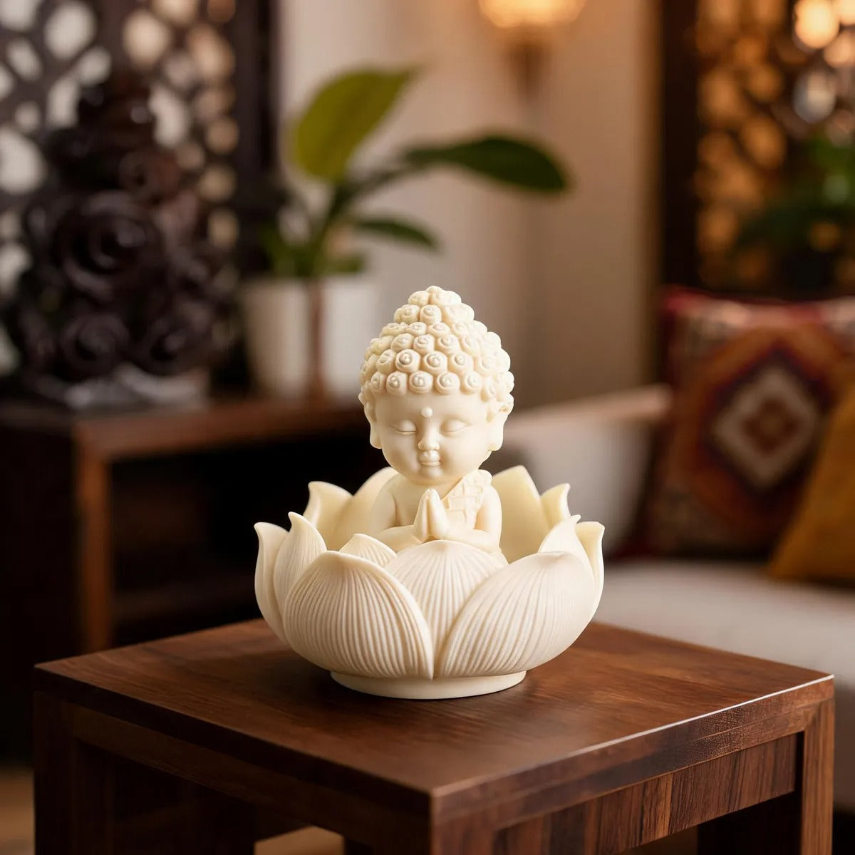 Polyresin Matte White Baby Buddha Monk Lotus Candle Holder
