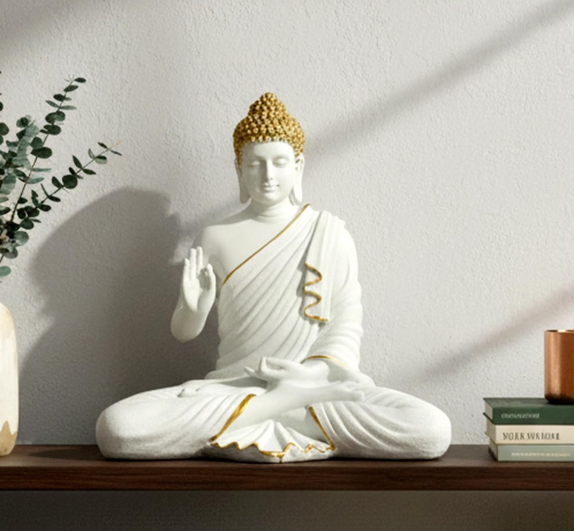 15-Inch Meditating Buddha Statue – Handcrafted Polyresin Idol in White & Gold Finish