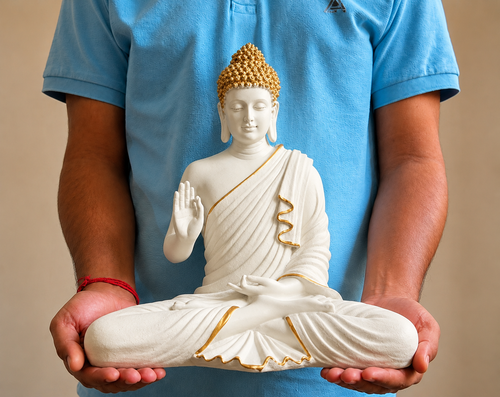 15-Inch Meditating Buddha Statue – Handcrafted Polyresin Idol in White & Gold Finish