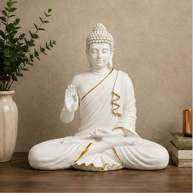 15-Inch Meditating Buddha Statue – Handcrafted Polyresin Idol in White & Gold Finish