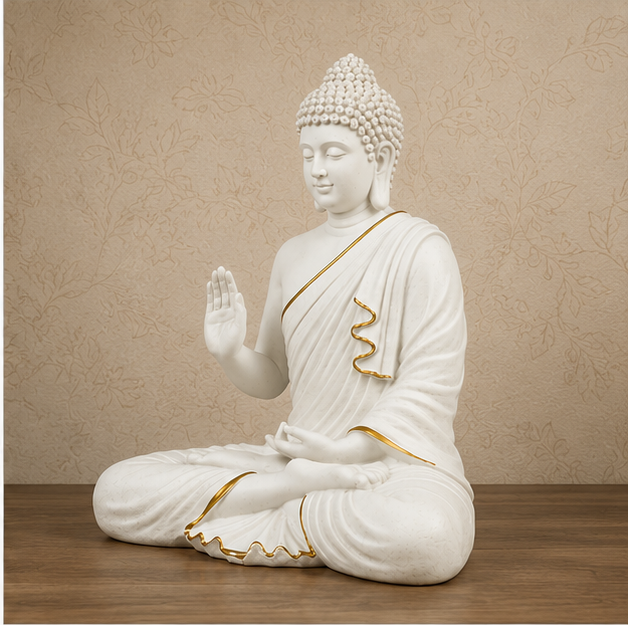 15-Inch Meditating Buddha Statue – Handcrafted Polyresin Idol in White & Gold Finish
