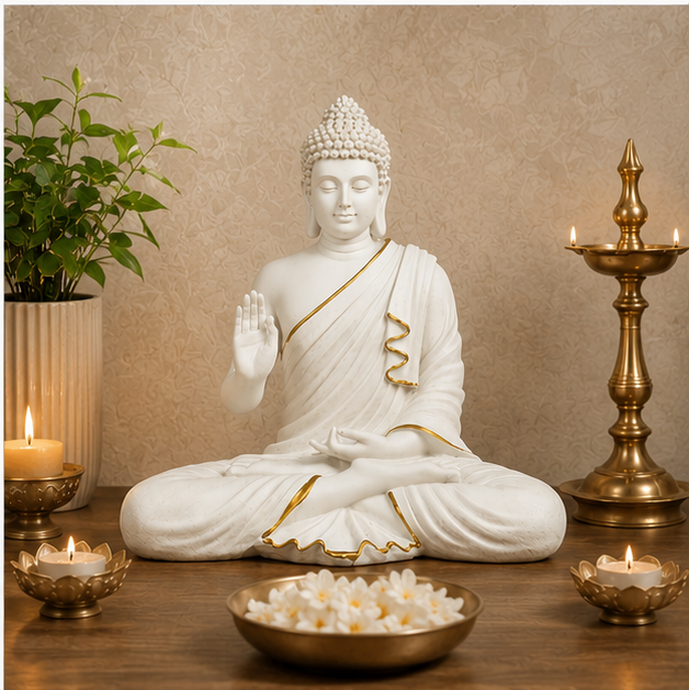 15-Inch Meditating Buddha Statue – Handcrafted Polyresin Idol in White & Gold Finish