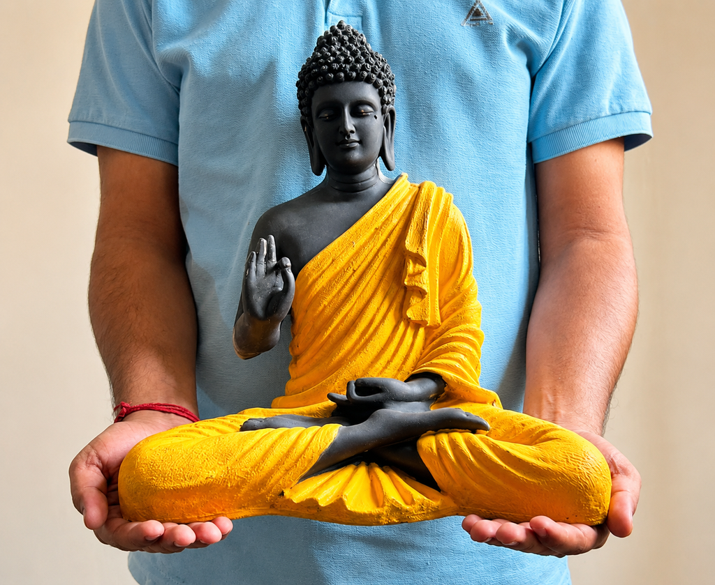 15-Inch Meditating Buddha Statue – Handcrafted Polyresin Idol in Black & Yellow Finish