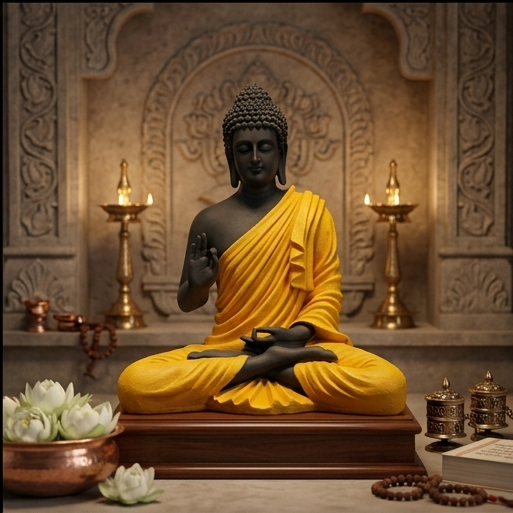 15-Inch Meditating Buddha Statue – Handcrafted Polyresin Idol in Black & Yellow Finish